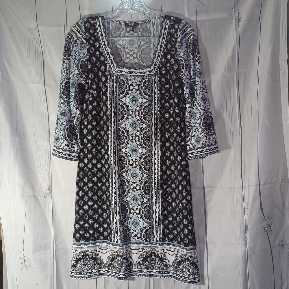 MSK multi pattern 3/4 sleeve mini shift workwear 70’s dress